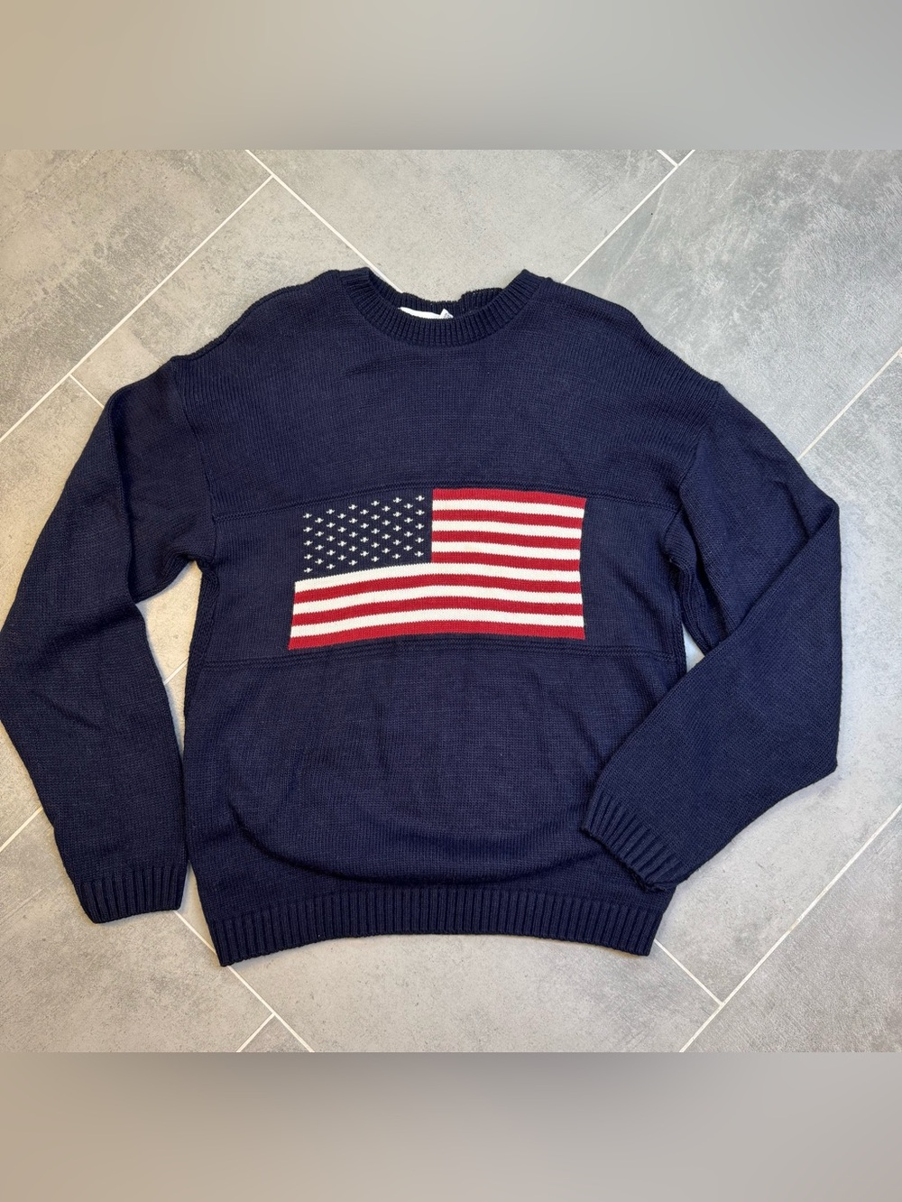 New Era Navy Embroidered American Flag Knit Pullover Sz. S Vintage 80's